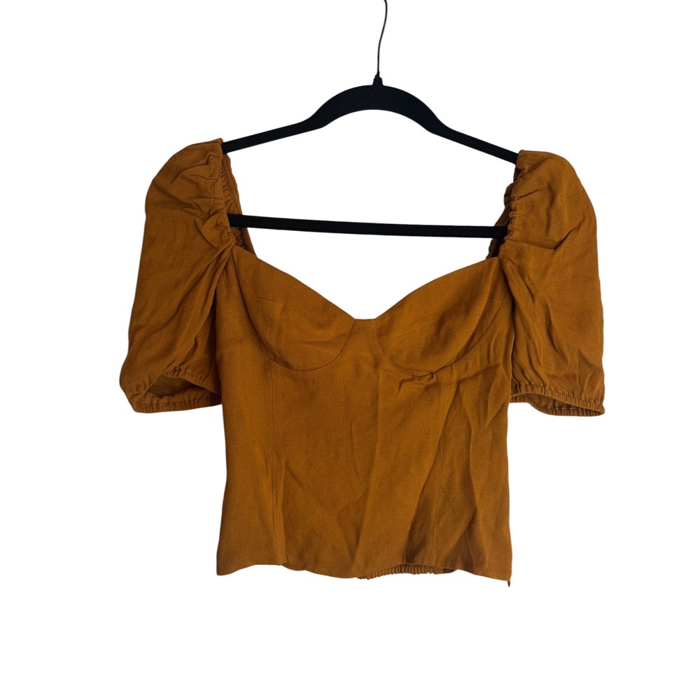 Wilfred Aritzia Puff Sleeve Bustier Blouse Ochre Brown Smocked Back XS